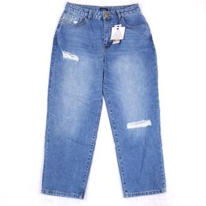 Boohoo Baggy Relaxed Cropped Jeans Size 10 Light Blue Distressed